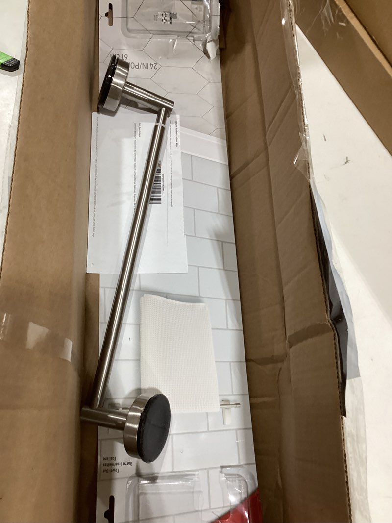 Condition photo showing Good Condition for Command Bath Satin Nickel Towel Bar with Water Resistant Command Strips, Bathroom Organizer, 24 in Bar Length Holds up to 10 lbs