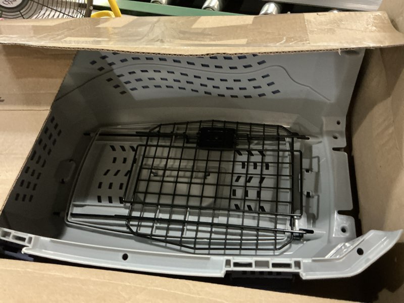 Condition photo showing As Is for amazon basics sturdy portable 2-door top-load hard-sided pet travel carrier with secure ventilation, handle, front & top entry for dogs, cats, 22.8"l x 15"w x 13"h, gray & blue gray & blue 22.8"l x 15.0"w x 13.0"h