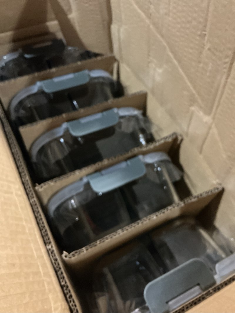 Condition photo showing New/Like New for komuee glass meal prep containers 3 compartments, 5 pack 36 oz, glass food storage containers with lids, airtight lunch bento box, portion control, freezer and microwave safe gray