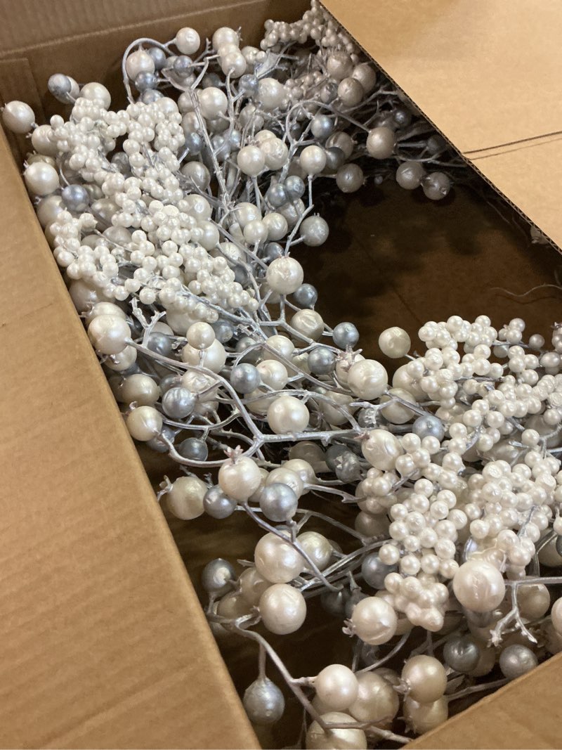 Condition photo showing New/Like New for Huashen 24 Inch Spring Front Door Wreath Winter Berry Wreath Metallic Effect Pearl White & Silver Berry Christmas Wreaths for Front Door Wall Window Hanging Christmas Decoration Home Décor Silvery White
