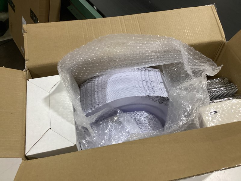 Condition photo showing New/Like New for Nervure 350PCS Silver Plastic Dinnerware - White and Silver Disposable Plates for 50 Guests - 100 Disposable Plates, 150 Plastic Silverware, 50 Cups, 50 Napkins for Wedding & Party White Silver 350Pcs(50Guests)