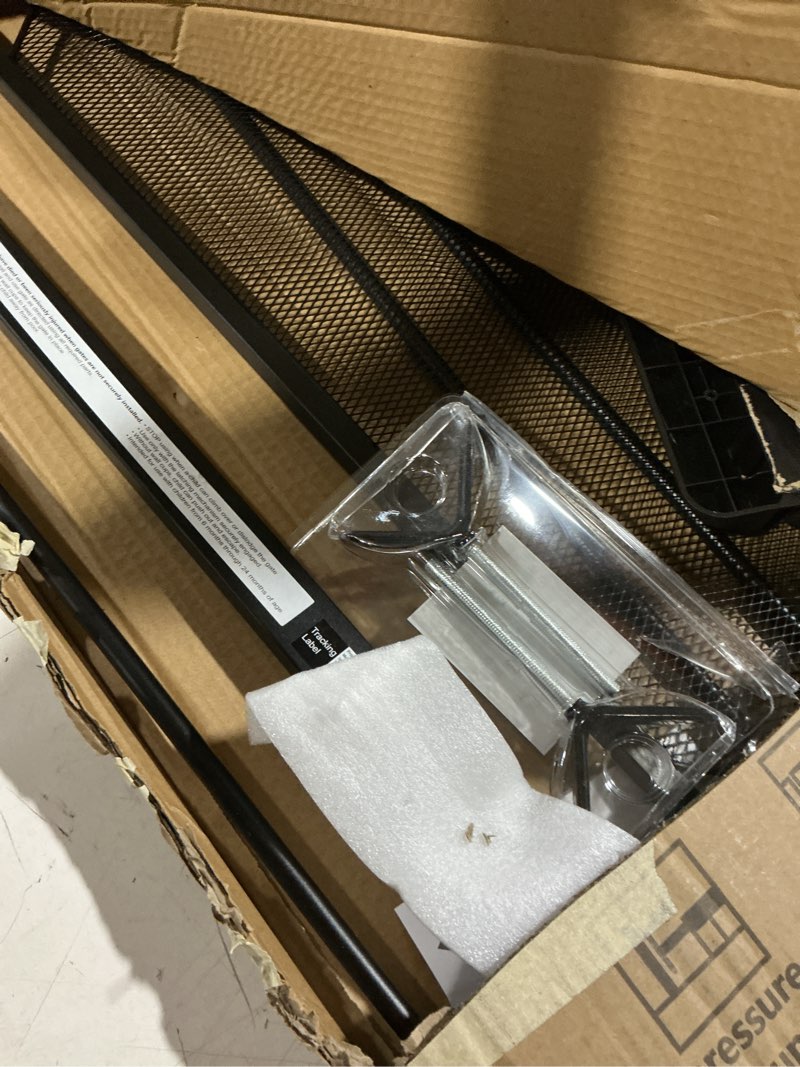 Condition photo showing As Is for 29.5-48" baby gate for stairs, pressure mount no drill, lift to unlock child proof, one-hand auto close walk through pet dog gate for doorways, fits 4 different width ranges, black black 29.5-48"w x 30.5"h