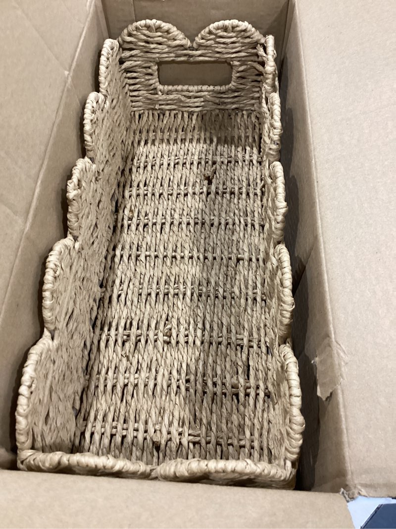 Condition photo showing Good Condition for scalloped khaki toilet tank basket for back of toilet, wicker bathroom tray for toilet paper storage, bathroom organizer for tank top, countertop & small spaces