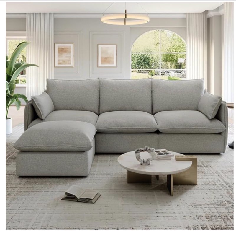 ( incomplete box 2 of 4) 94.6\" cloud modular sectional sofa, waterproof down filled sectional sofas, high backrest l shaped 3 seater sectional couches with ottoman, modular couch with removable cover, light gray