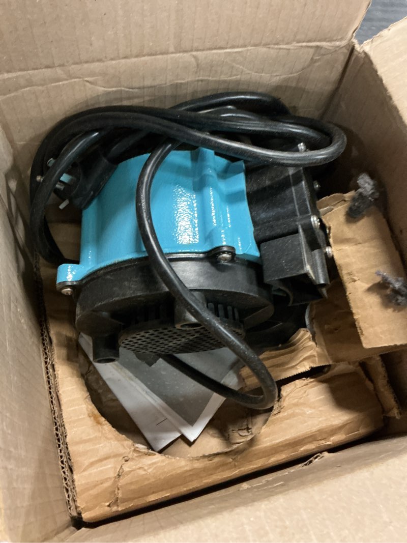 Condition photo showing As Is for little giant 6-cia-ml 115 volt, 1/3 hp, 2760 gph cast iron replacement compact submersible pump for under sink and laundry tray systems with integral low level diaphragm switch, blue, 506160 cast iron, 115v, 10' cord, mid-level diaphragm switch for under sink pump