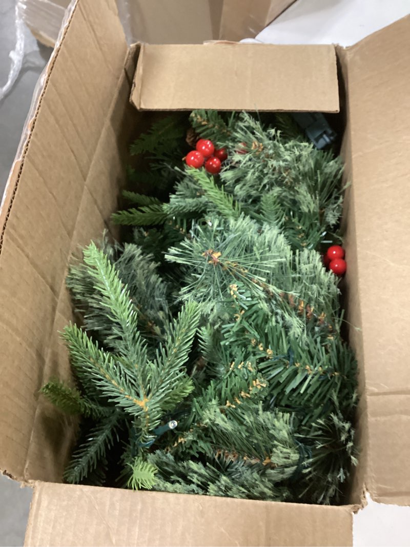 Condition photo showing Good Condition for 9ft Prelit Christmas Garland with Pinecone Norfolk Cedar Frosted Needles Berries, Lighted Christimas Garland for Stairs Railing Battery Operated, Xmas Decorations for Fireplace Mantel Staircase Table