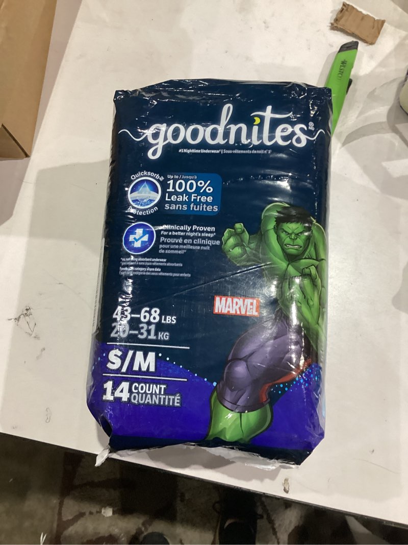 Condition photo showing New/Like New for Goodnites Boys' Nighttime Bedwetting Underwear, Size S/M (43-68 lbs), 14 Ct, Packaging May Vary Small/Medium 14