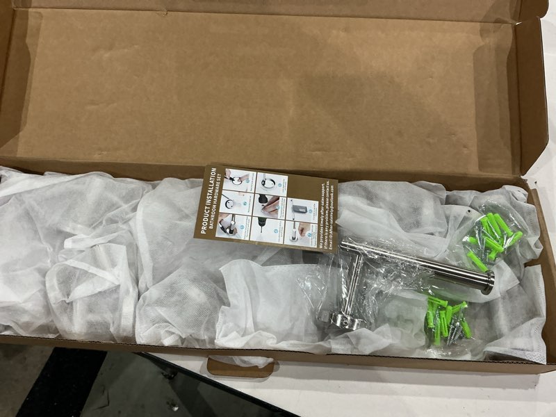 Condition photo showing Good Condition for brushed nickel bathroom hardware set, 24 inch towel bar set 10 pieces bathroom accessories set includes includes 2 packs 24 inch towel bar, towel ring, toilet holder and 4 packs towel hooks brushed nickel-10pcs-24inch