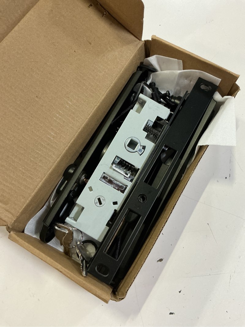 Condition photo showing As Is for reigahood us flat slot storm door handle complete set fits for larson and wright screen door hardware, 2-1/2" handle pz, 7/8" backset, 7-1/4" trimplate h.c., non-handed, matte black