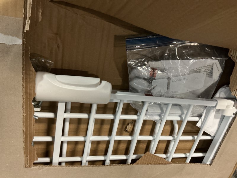 Condition photo showing As Is for extra wide baby gates 71.5-76.3 inch white pressure mounted baby gate indoor safety gates pressure mounted child gate for stairs doorways hallways 71.65"-76.38"/182-194cm