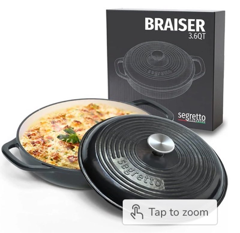 Segretto Cookware 3.6 QT Braiser Enameled Cast Iron Casserole Pan With Cover, Nero (Black) Braiser W