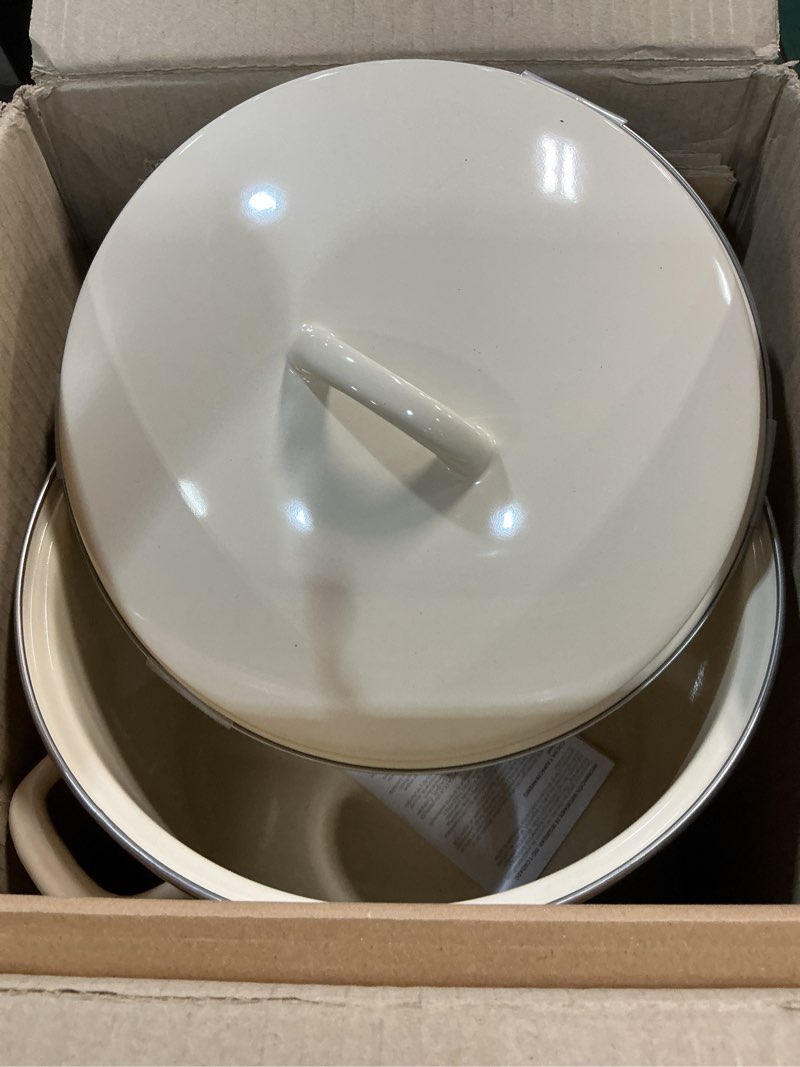 Condition photo showing New/Like New for rachael ray enamel on steel stockpot with lid, induction suitable, 12 quart, almond cream