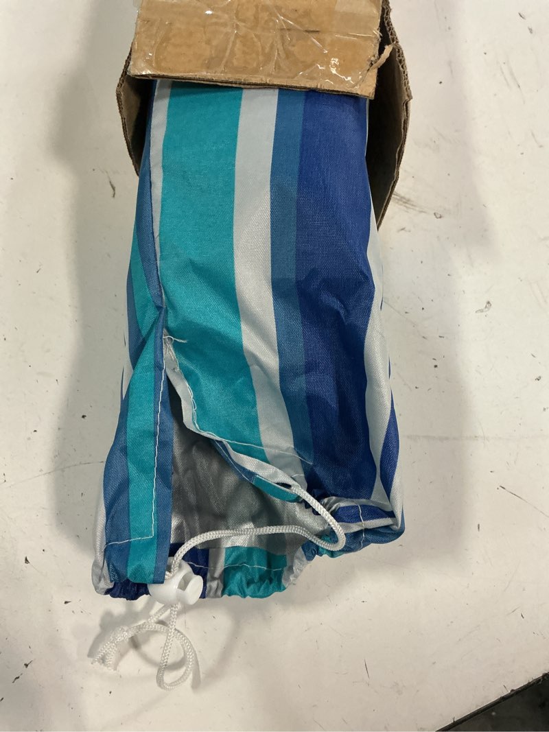 Condition photo showing Good Condition for aoxun beach umbrella with tilt pole, portable sand anchor and carry bag, upf 50+ sun shelter air vents design for outdoor activities (navy blue & white), 6.5ft 6.5ft stripe blue