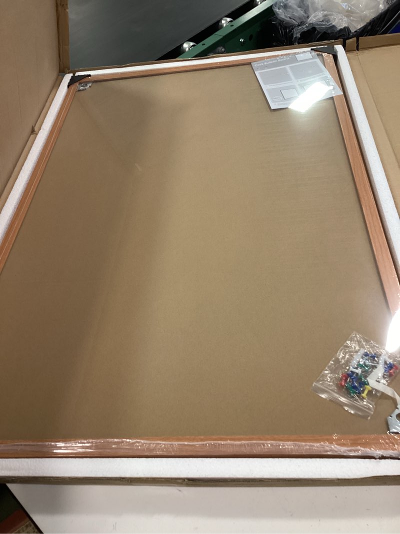 Condition photo showing New/Like New for Board2by Cork Board Bulletin Board 24 x 36, Wood Framed Corkboards for Wall Decor, Hanging Office Message Board, Large Wall Mounted Notice Pin Board with 15 Push Pins for School, Home & Office 24" x 36"