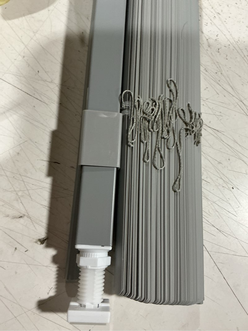 Condition photo showing As Is for lazblinds no tools no drill cordless 1" vinyl mini blinds, 100% blackout blinds for indoor windows, room darkening privacy window blinds and shades for interior, 20" w x 64" h, black black 20" w x 64" h