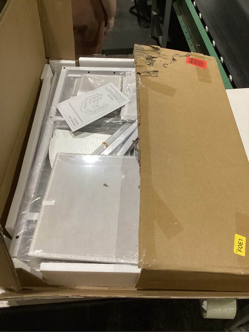 NOT TESTED Espelism Corner Vanity Desk with Charging Station, 49.6\" Makeup Table with Fabric Drawers & Side Poc