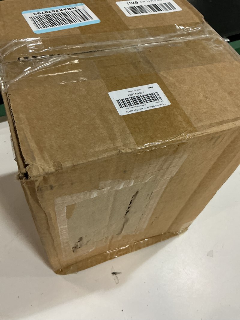 Condition photo showing Good Condition for 2.6 gallon wicker trash can with lid - bathroom garbage can with removable liner bucket - boho hand woven water hyacinth wicker waste basket for bedroom, living room, home, office natural 2.6 gallons