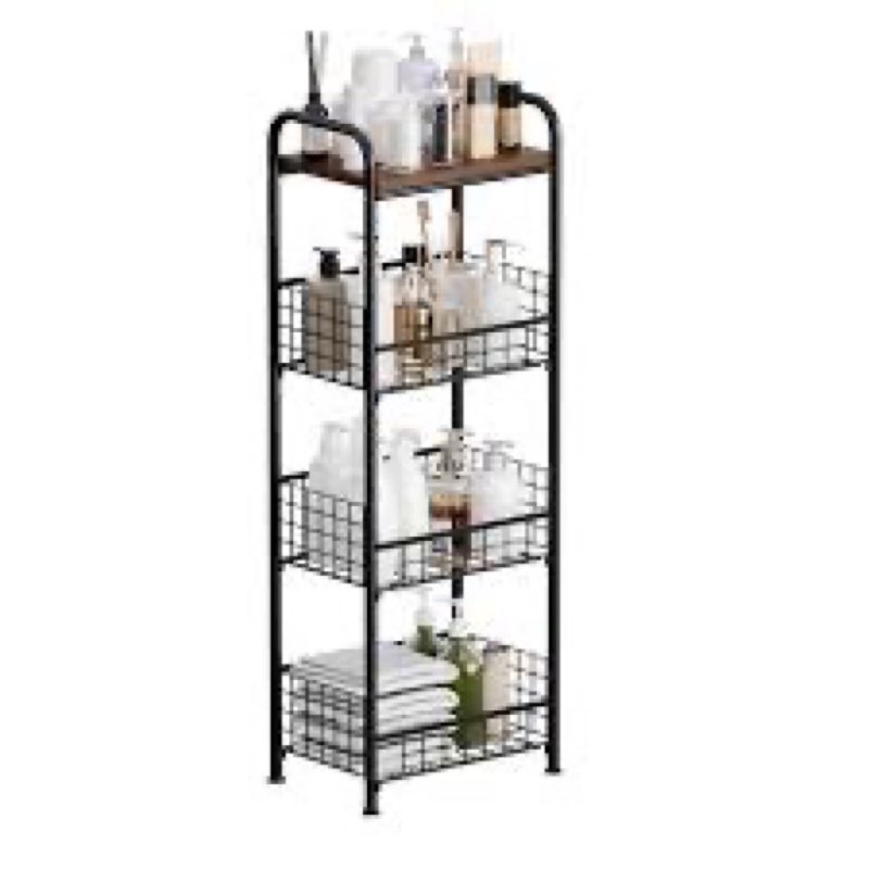 wonline 4 Tier Slim Metal Storage Cart with Walnut Wood Top Kitchen Organizer Shelf Fruit Basket Sta