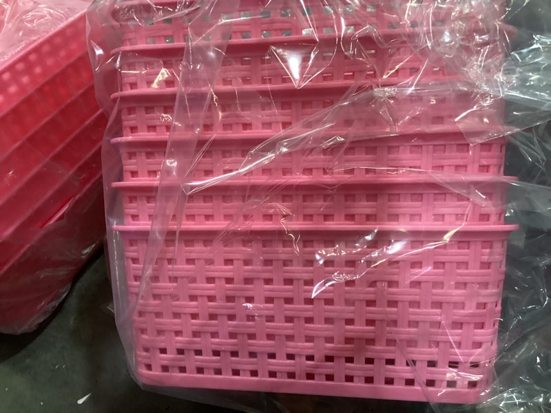 Condition photo showing Good Condition for wyt 6-pack plastic small shelf storage weave baskets organizing for cabinets and pantries, pink 6-pack pink