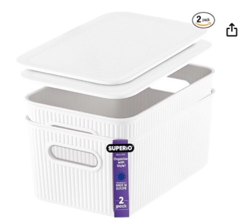 superio ribbed collection - decorative plastic lidded home storage bins organizer baskets, x-large w