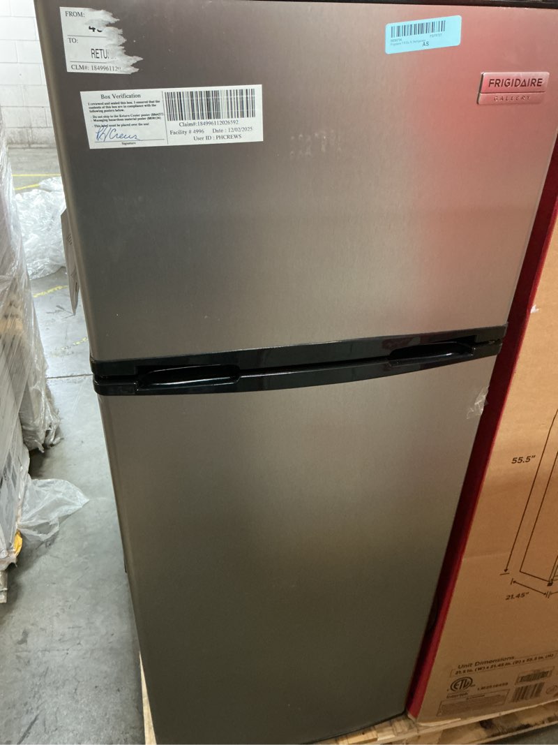 Condition photo showing As Is for Frigidaire 7.5 cu. ft. Mini Refrigerator with Top Freezer in Stainless Look