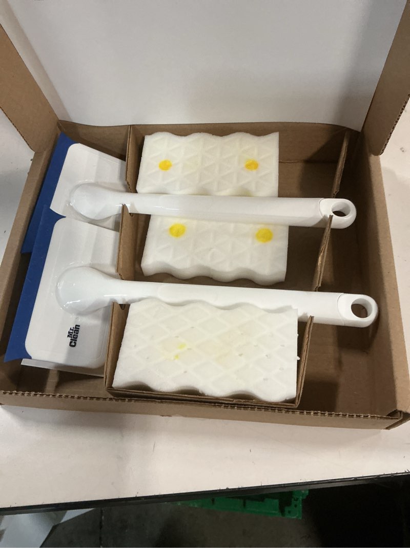 Condition photo showing As Is for mr. clean magic eraser shower & tub scrubber, bathroom cleaner, all in one bathroom cleaner, lemon starter kit, 2 scrubber, 5 foaming magic erasers, 1 whole home extra durable magic eraser 2 devices + 6 refills (missing 1 sponge)