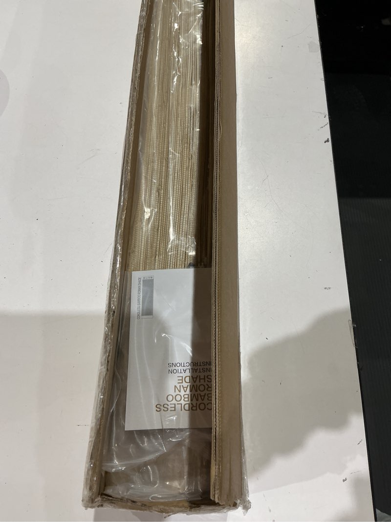 Condition photo showing Good Condition for aozora cordless bamboo roman shades, woven linen roman blinds, light filtering natural blinds with border, woven beige, 21" w x 48" h woven beige 21"w x 48"h