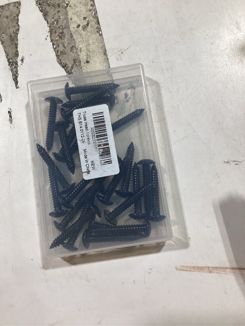 Condition photo showing As Is for #14 x 1-1/2" truss head self tapping wood screws sheet metal screws, black finish, 304 stainless steel 18-8, 25 pcs 25 #14 x 1-1/2"