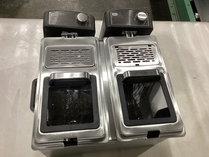 Condition photo showing As Is for 2x3L Deep Fryer with Basket - 3000W Dual Zone Electric Deep Fryer for Home Use with Lid, Stainless Steel, Adjustable Temperature, Overheat Protection (6.4qt)