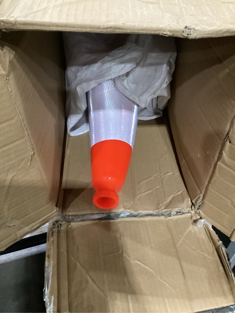 Condition photo showing As Is for yatointo traffic cones 28 inch with weighted base,spring back after flattening,3 reflective collars,pvc large orange construction cones,driving training,parking lots,highway,roadwork,6 pack