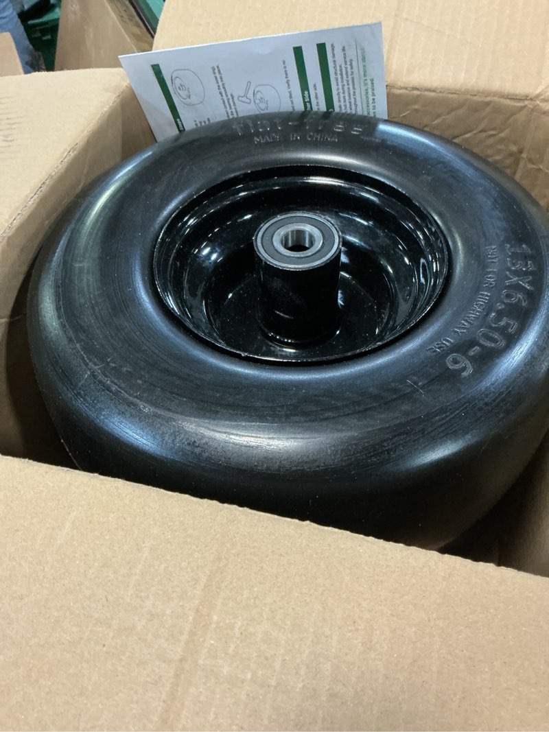 Condition photo showing As Is for ronpow 13x6.50-6 lawn mower flat free tires and wheels, 13x6.5-6 heavy duty solid front tire for zero turn mowers, 500lbs load, universal 3/4", 5/8" and 1/2" bearings, 5.51"-7.91" hub, 2pack black