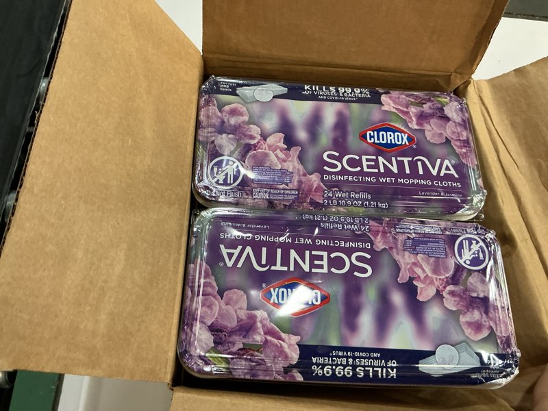 Condition photo showing New/Like New for clorox scentiva disinfecting wet mop pad, disposable heads, multi-surface floor wipes, lavender and jasmine, 2 packs, 24 refills per pack (package may vary) lavender and jasmine 24 count (pack of 2)