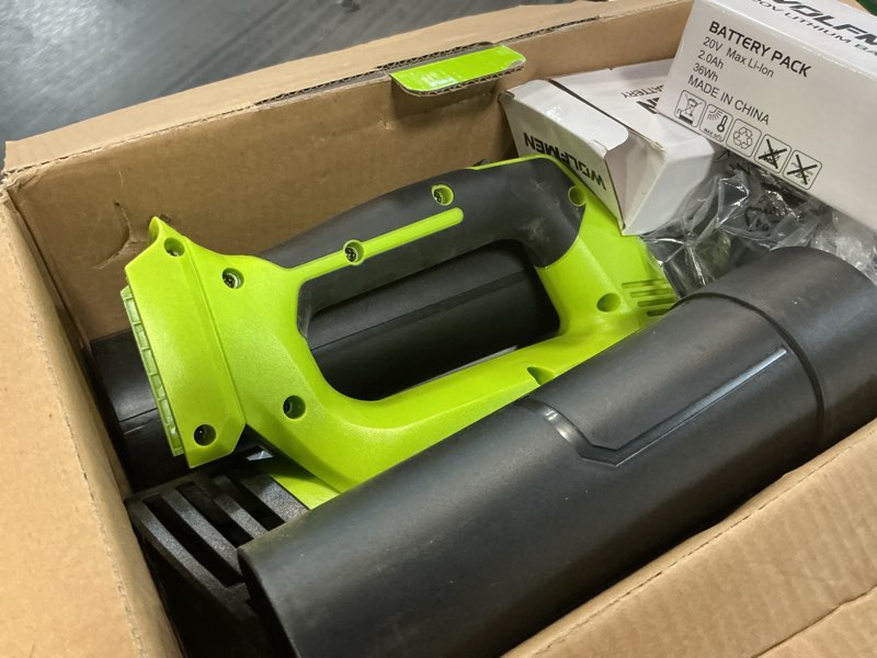 Condition photo showing Good Condition for leaf blower, electric cordless leaf blower with 2 batteries and charger, 2 speed mode, lightweight cordless blower for blowing leaves, patio cleaning, blowers for lawn care and dust plastic a-green
