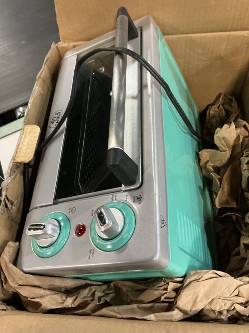 Condition photo showing As Is for GreenLife Countertop Toaster Oven Air Fryer Stainless Steel, Healthy Ceramic Nonstick, PFAS Free, Tray & Basket, Bake, Broil, Reheat, Adjustable Temp & Time Control, Auto Shutoff, Turquoise Countertop Toaster Oven Air Fryer Turquoise
