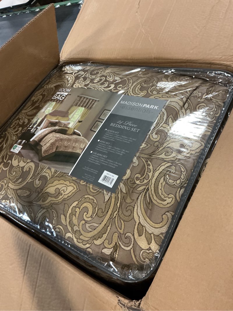 Condition photo showing Good Condition for madison park essentials brystol 24 piece room in a bag faux silk comforter jacquard paisley design matching curtains down alternative hypoallergenic all season bedding-set, queen(90"x90"), brown brown queen (90 in x 90 in) paisley