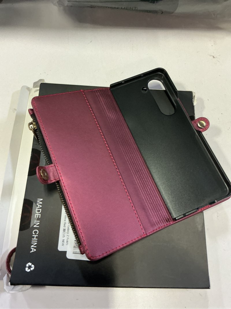 Condition photo showing New/Like New for defencase wallet case compatible with samsung galaxy z fold 5 with rfid blocking card holder & s pen holder slot pu leather magnetic snap flip zipper strap phone case fit for galaxy z fold 5, wine red