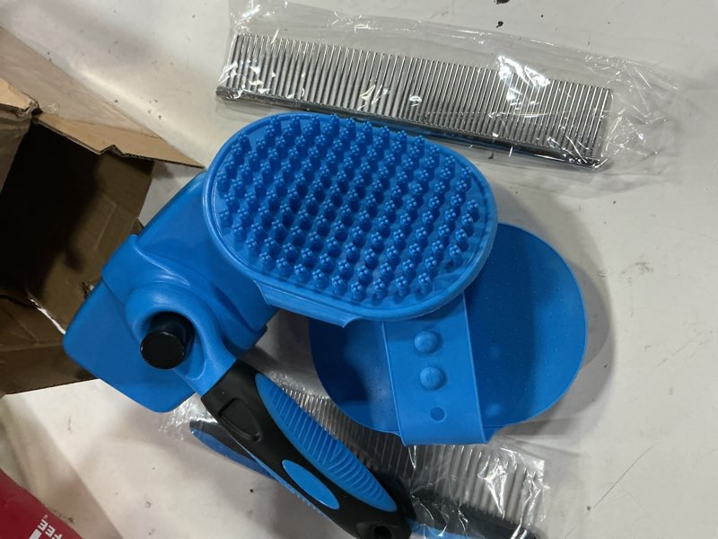Condition photo showing New/Like New for self cleaning shedding brush - 5-in-1 professional pet grooming kit skin friendly grooming tool for dogs, cats, and puppies, deshedding and hair removal for long and short haired pets, blue