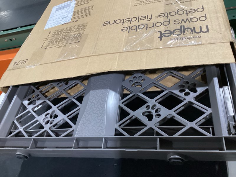 Condition photo showing Good Condition for mypet north states paws portable pet gate: 26-40" wide. pressure mount. no tools needed. made in usa, 23" tall, expandable, durable dog gates for doorways, fieldstone gray
