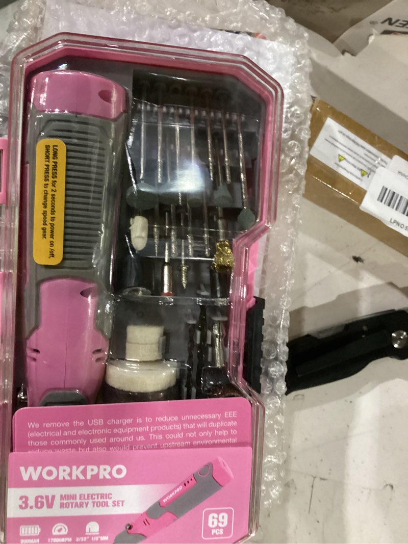 Condition photo showing Good Condition for workpro cordless rotary tool kit with 71pcs accessories, 3 variable speeds, usb rechargeable mini rotary tool for engraving, sanding, polishing, carving, cutting, diy crafts - pink ribbon