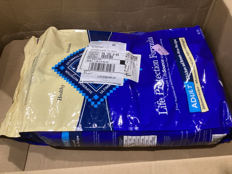 Condition photo showing As Is for blue buffalo life protection formula adult dry dog food, helps build and maintain strong muscles, made with natural ingredients, chicken & brown rice recipe, 15-lb. bag, best by 4/6/2027