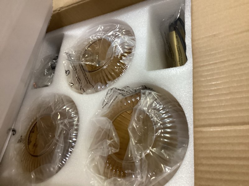 Condition photo showing Good Condition for BOKT Gold Cluster Globe Glass Ceiling Chandelier 3-Light Amber Hanging Pendant Light Brushed Brass Dining Room Chandelier Stair Adjustable Hanging Light Fixture for Corridor Entryway Amber 3-Light