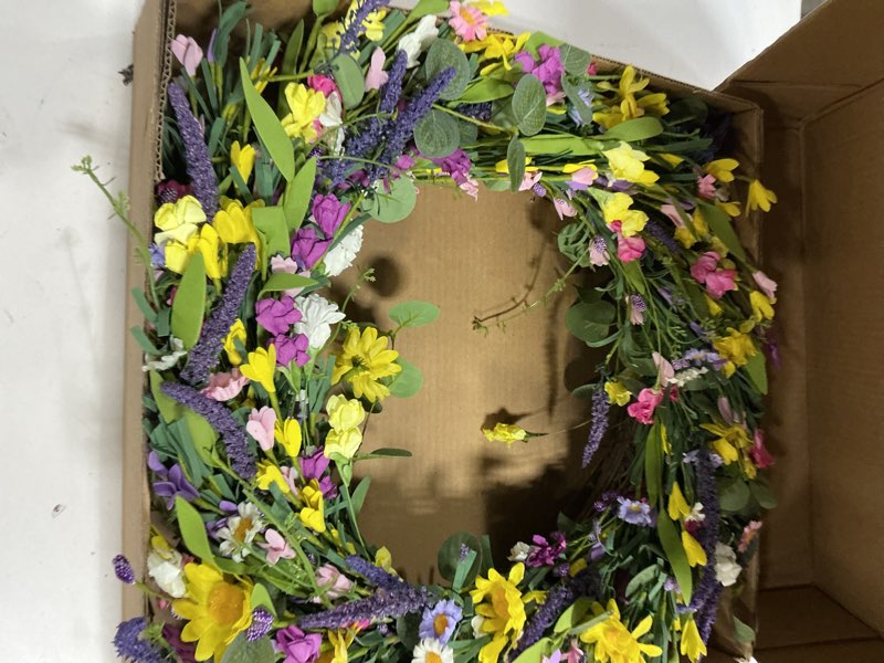 Condition photo showing As Is for j'floru large spring wreaths for front door 28 inch artificial spring wreath summer flower wreath with daisy and lavender for indoor outdoor wall window and easter celebration 28in multicolor