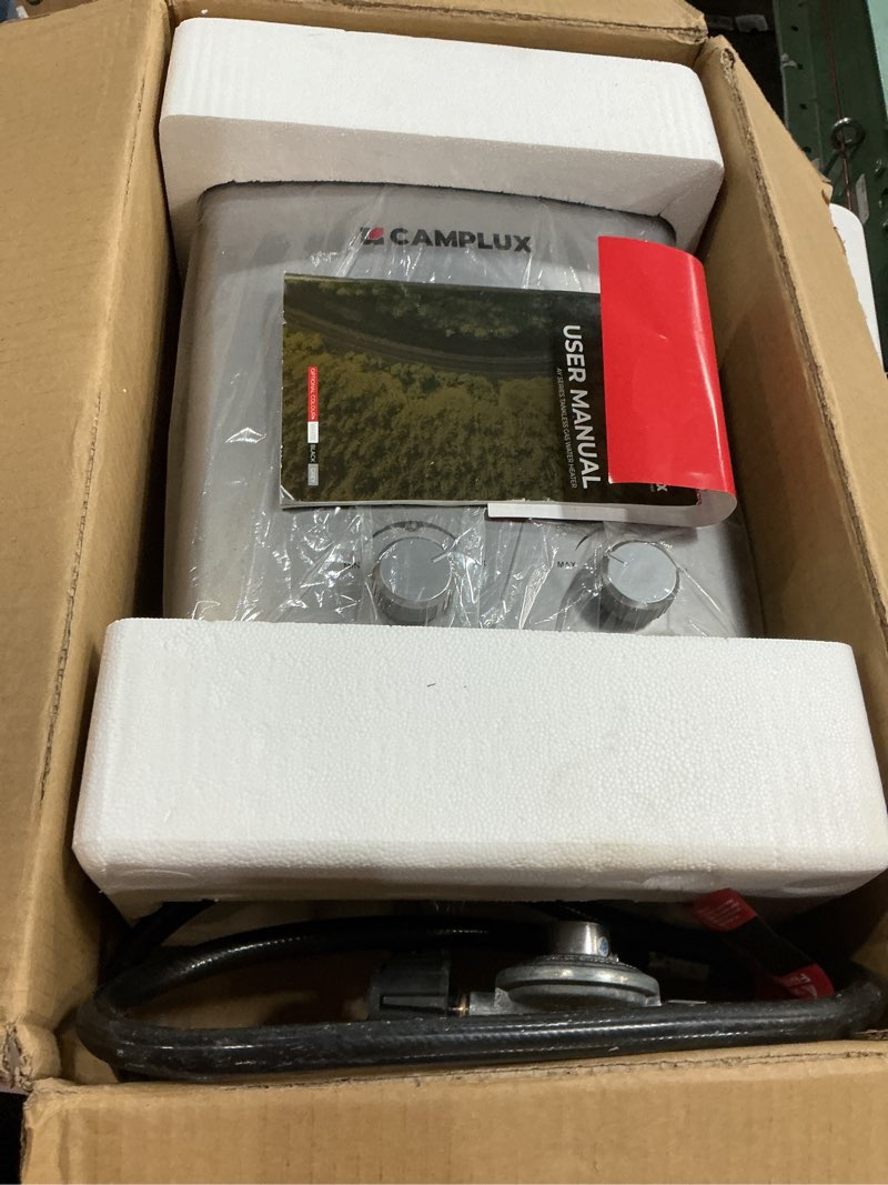 Condition photo showing Good Condition for camplux portable tankless water heater, 1.32 gpm 5l propane water heater for camping, rv & off-grid, instant outdoor hot water shower system with gas regulator, battery powered, ay132g, gray basic, gray