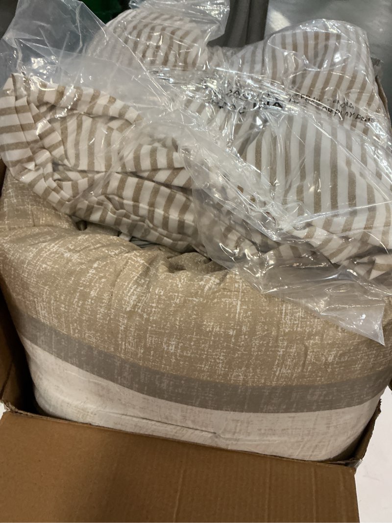 Condition photo showing Good Condition for Madison Park Essentials King Comforter Set, Bed in A Bag Comforter & Sheet Set, Modern Casual Stripes Print, All Seasons, Soft Microfiber Bedding Makeover, Matching Shams, King Taupe/Grey 7 Piece Taupe/Grey King