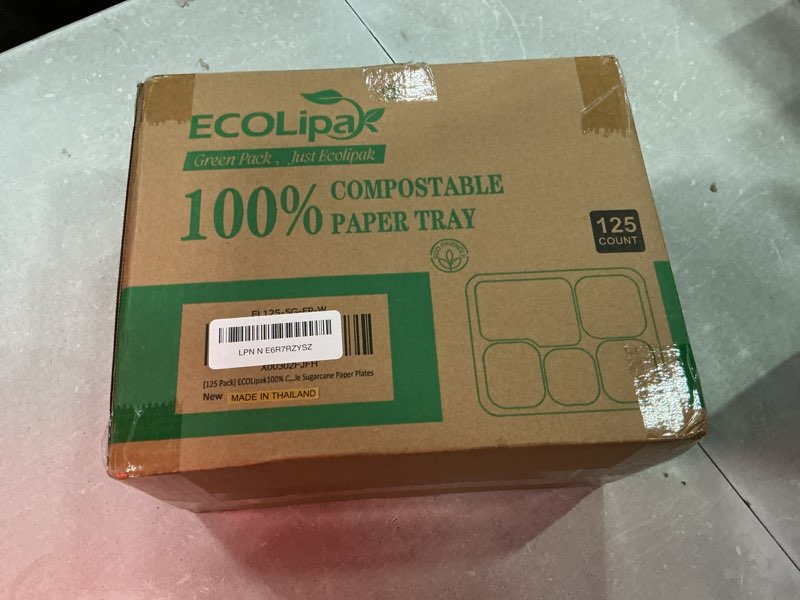 Condition photo showing New/Like New for ecolipak 100% compostable 5 compartment plates, 125 pack disposable paper plates, heavy-duty biodegradable sugarcane plates, eco-friendly school lunch trays 10.25 x 8.25 inch white 125pk
