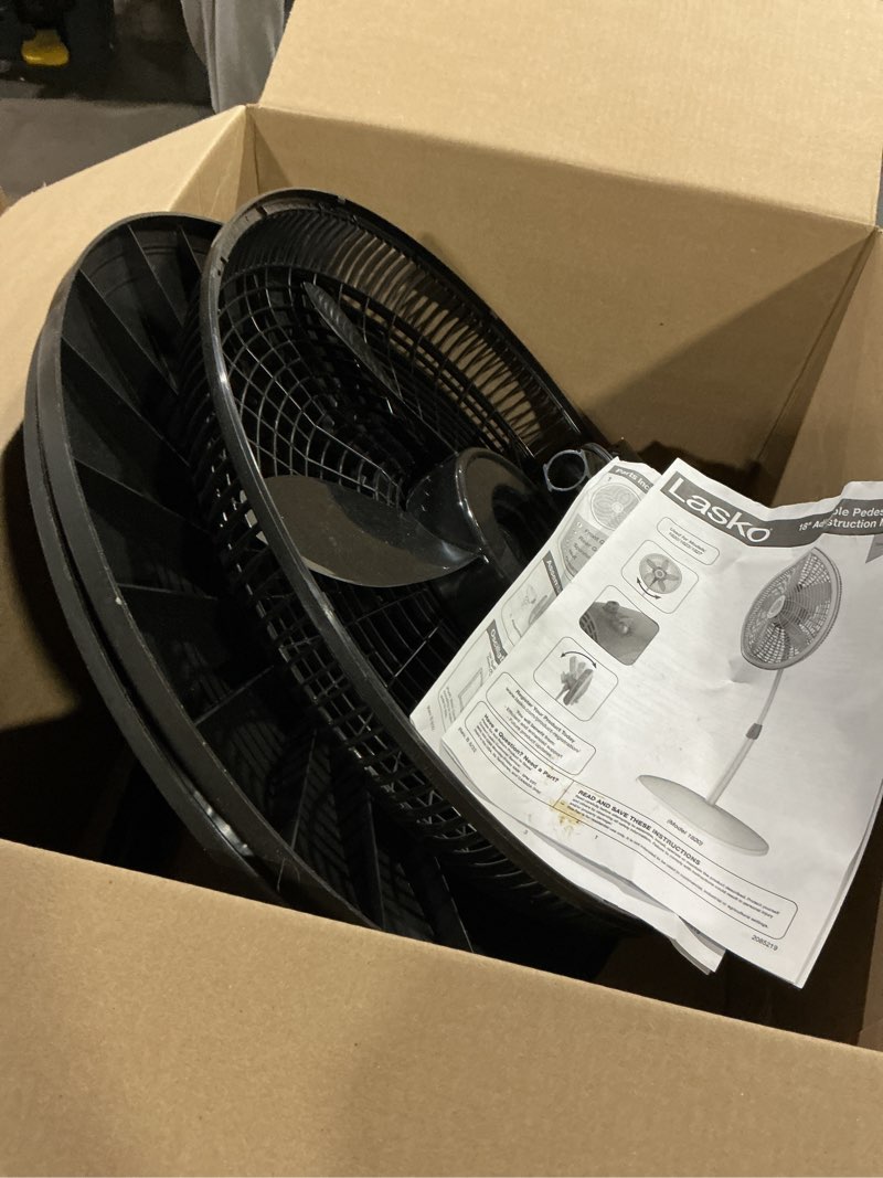 Condition photo showing As Is for lasko oscillating cyclone pedestal fan, adjustable height, timer, remote control, 3 speeds, for bedroom, living room, home office, 18", black, 1843 standard packaging