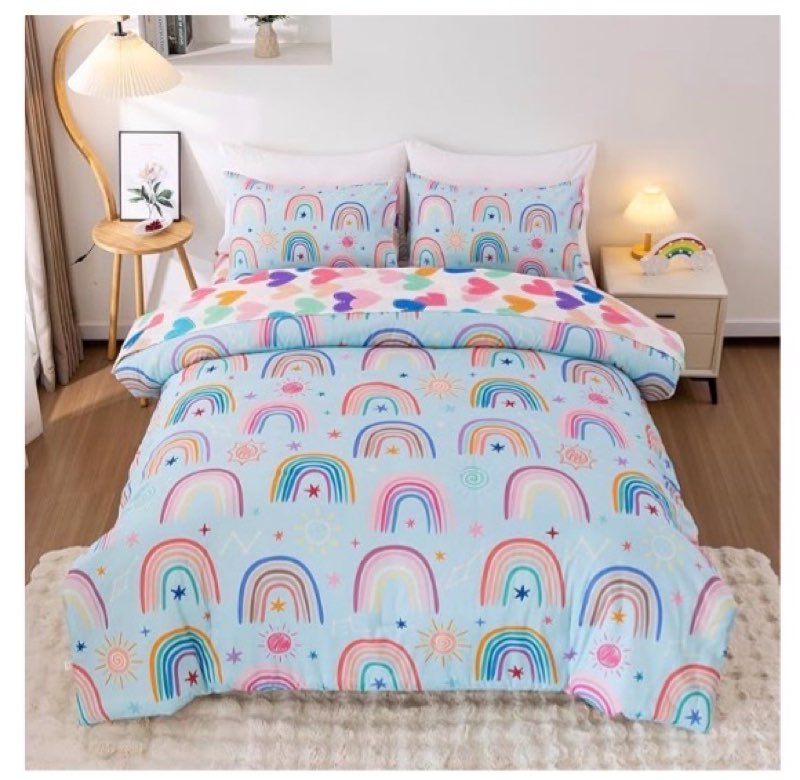  Btargot Lightweight Soft 3 Piece Rainbow Comforter Set with 2 Pillow Covers, Cartoon Love Hearts Suns and Stars Bedding Set for Girls Boys Kids, Twin Light Blue