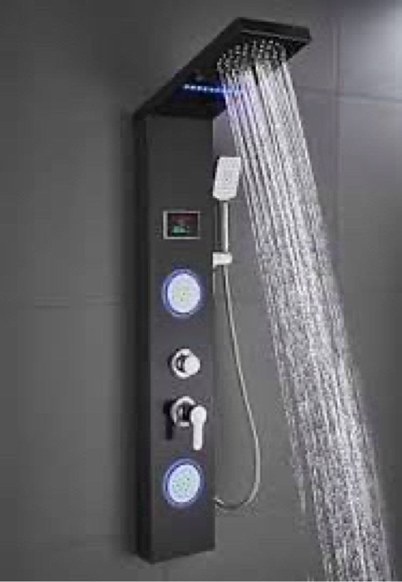 ELLO&ALLO LED Shower Panel Tower System with Shelf, Rainfall Shower Head and Rain Massage System wit
