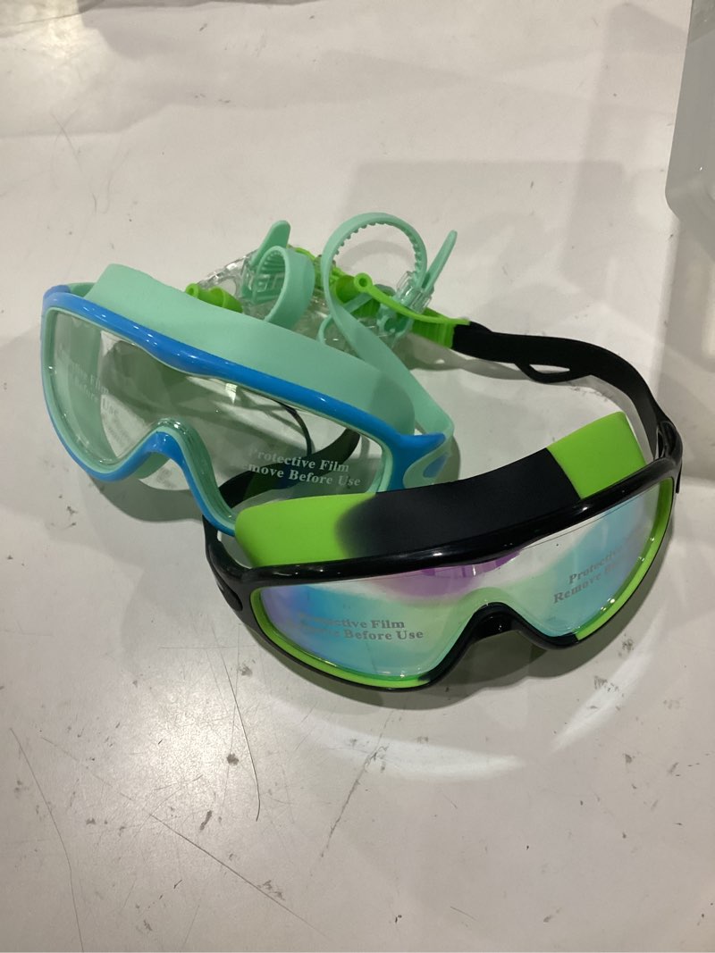 Condition photo showing Good Condition for swim goggles 2 pack anti-fog anti-uv wide view no leakage swimming goggles for kids 3-15 with earplugs light blue & black green