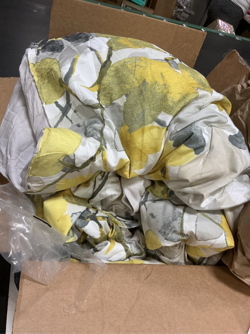 Condition photo showing Good Condition for yellow comforter set queen size, yellow floral pattern printed on light grey, soft microfiber 3 piece bed in a bag 